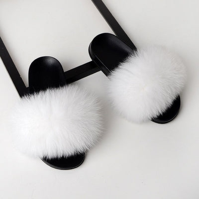 womens white fox fur slides slippers with black rubber sole