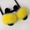 womens yellow color fox fur slides slippers with black rubber sole