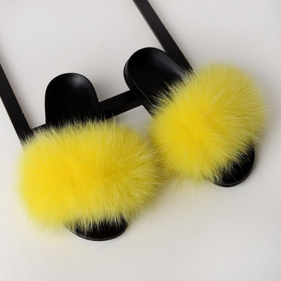 womens yellow color fox fur slides slippers with black rubber sole