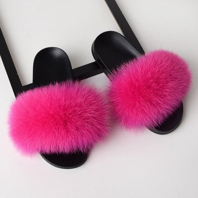 fuschia color fox fur fluffy slides slippers for ladies with black rubber soles