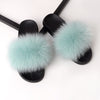 mint fox fur fluffy slides slippers for ladies with black rubber soles