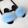 womens light blue color fox fur slides slippers with black rubber sole