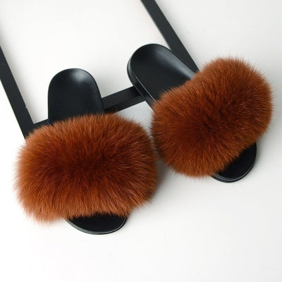 brown fox fur fluffy slides slippers for ladies with black rubber soles