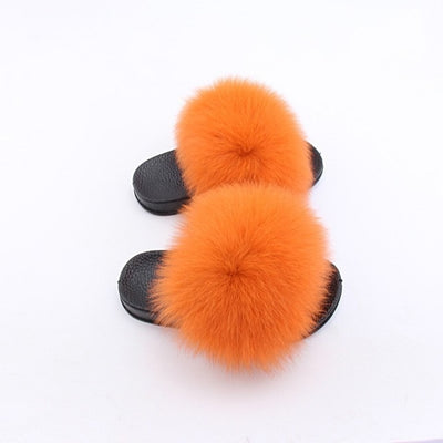 orange fluffy kids fox fur slides slippers with black rubber soles