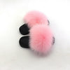 light pink kids fox fur slides slippers with black rubber soles
