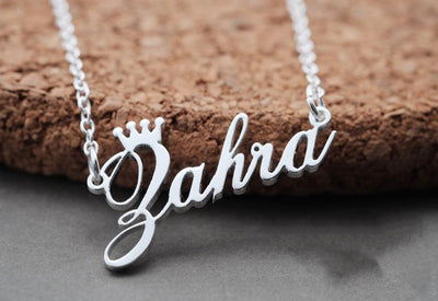Silver stainless stell color name necklace with crown and beautiful font for ladies