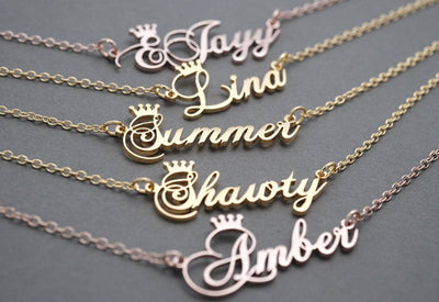 Yellow gold, silver or rose gold color name necklace with crown and beautiful font for ladies