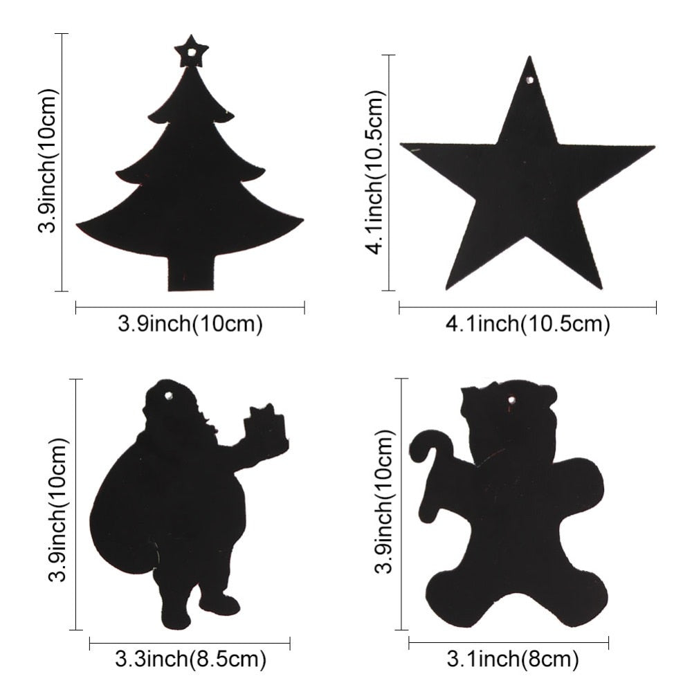 christmas treem star, santa, gingerbread scratch ornaments