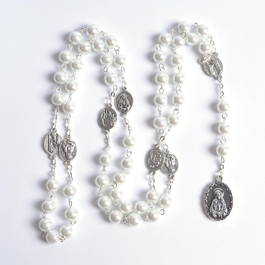 white chaplet catholic rosary, catholic rosary, white glass rosary, white seven sorrows rosary, winfinity brands - free shipping world wide